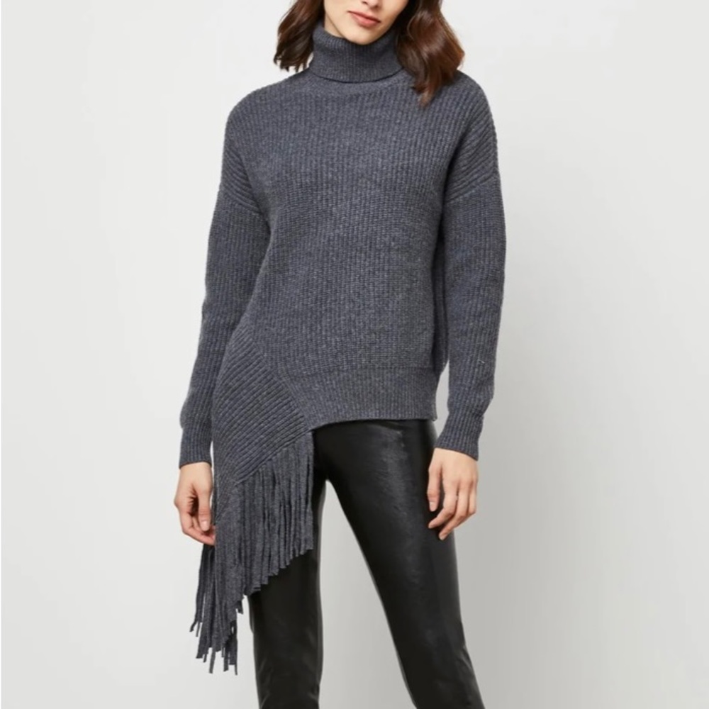 BCBG Asymmetrical Turtleneck Fringe Sweater in Heather Grey XS